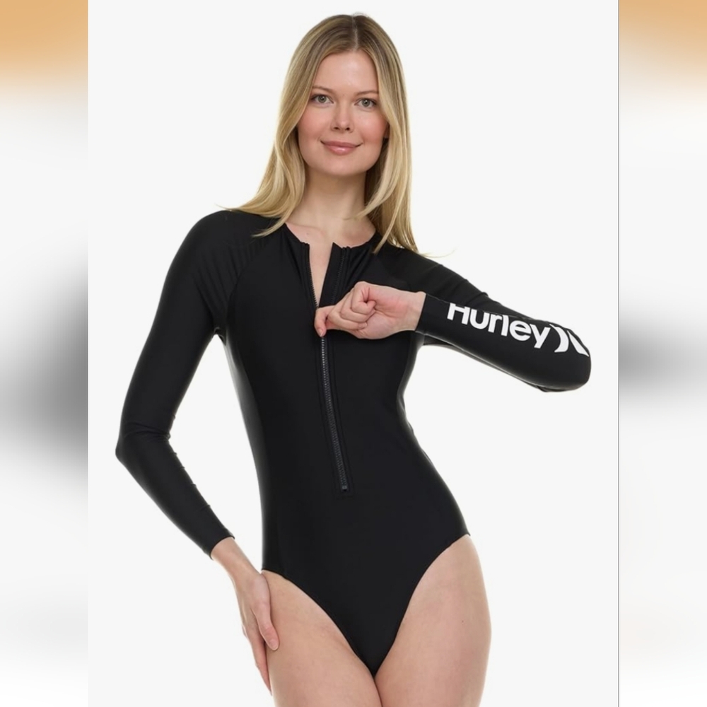 Hurley Black Long Sleeve Zip-Front One-Piece Swimsuit